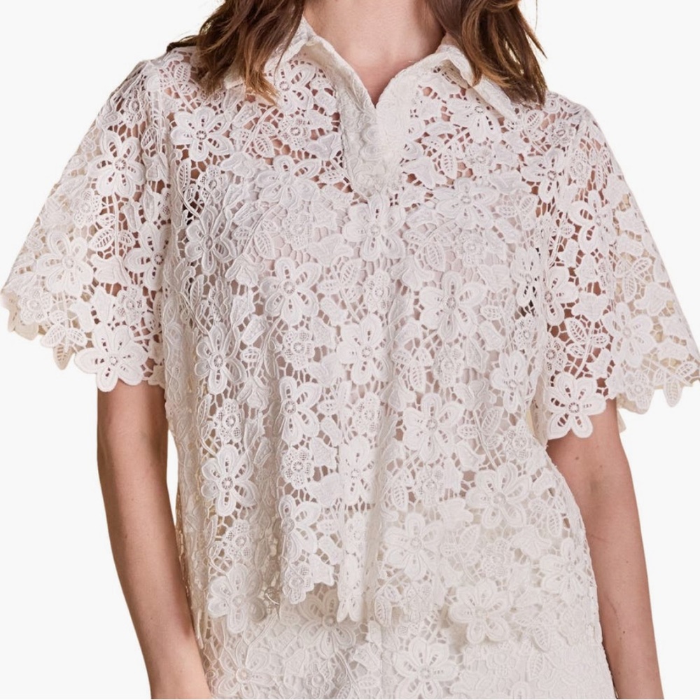 White/Ivory Floral Lace Short-Sleeve Top